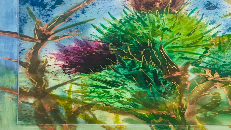 Displayed at the Wotiz Gallery's "From the Beginning: A Journey in the Visual Arts" exhibit this January, this vibrant watercolor painting showcases green and purple thistles with sharp leaves against a blue and green background, perfectly evoking a natural, outdoor setting.