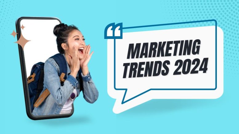 A woman with a backpack is emerging from a phone screen, next to a speech bubble that says "Top 5 Marketing Trends for Small Businesses in 2024," on a blue background. Welcome to Small Business Corner’s sneak peek into the future of marketing!