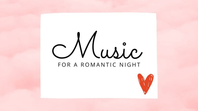 Text reads "Music for a Romantic Night Concert at First Parish Church, Feb. 14" with a red heart illustration on a pink background.