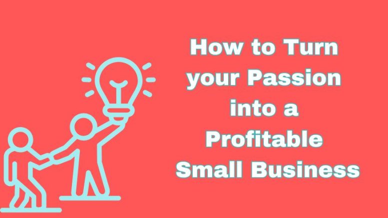 Illustration with two figures holding a light bulb, accompanied by the text: "10 Proven Strategies to Turn Your Passion into a Profitable Small Business" on a red background.