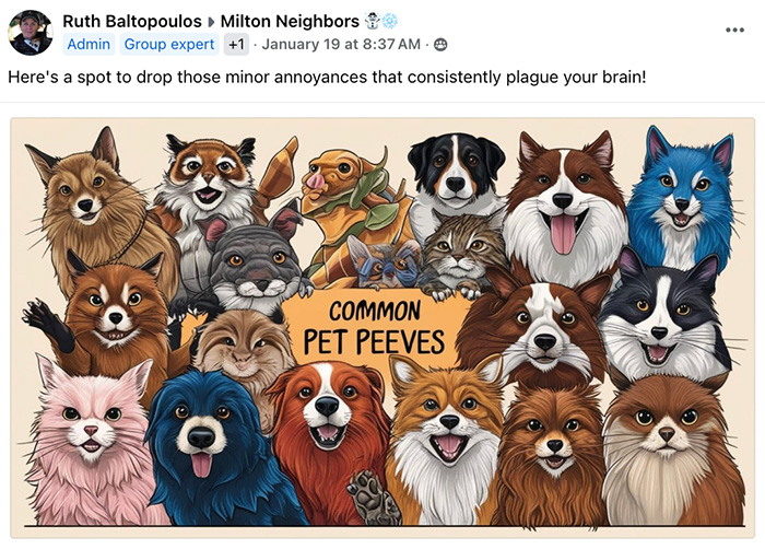 Illustration of various cartoon dogs and cats with diverse expressions. Text reads: "Common Pet Peeves." The playful scene seems straight out of a story by Ruth Baltopoulos, capturing the lively antics that Milton Neighbors find endearing and exasperating all at once. .