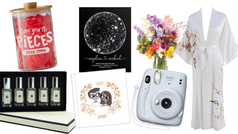 Explore unique Valentine's Day gift ideas for women in 2025 with this curated collection, featuring a jar of candy, star map, bouquet, robe, perfume set, illustration, and instant camera. Perfect for offering heartfelt surprises that capture the moment.